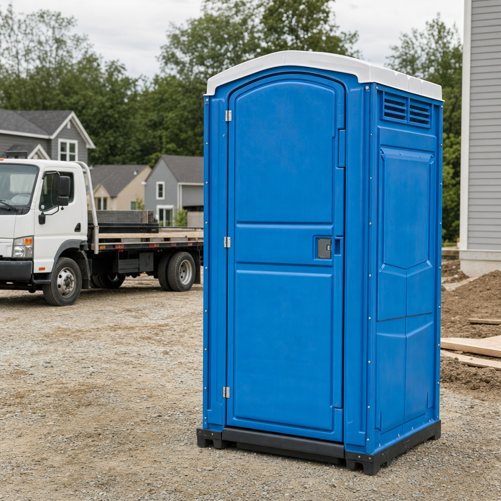 Delivery driver positioning a clean royal-blue portable toilet on level ground at a Painesville worksite