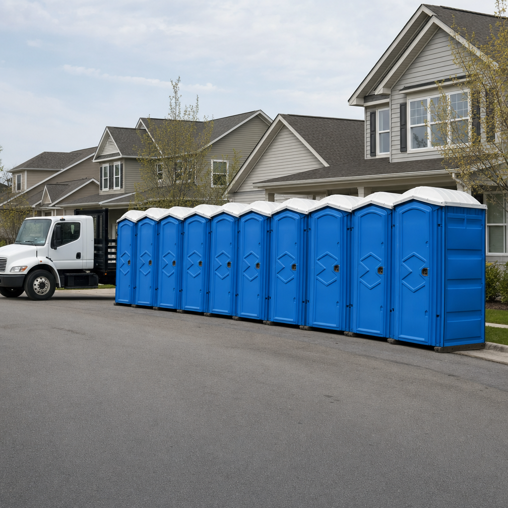 Royal blue portable toilets staged in a tidy row at a Painesville jobsite, ready for delivery